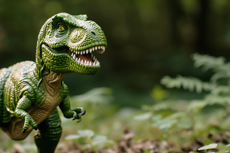 Dinosaur statue in the forest. Selective focus and small depth of field.の素材