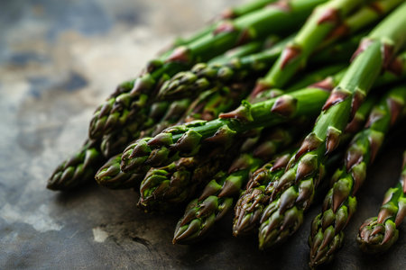 Bunch of fresh green asparagus on rustic metal backgroundの素材