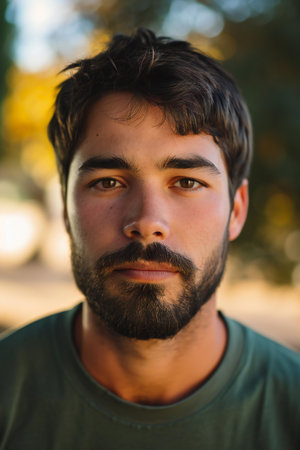 Portrait of a young man with beard and mustache in the parkの素材