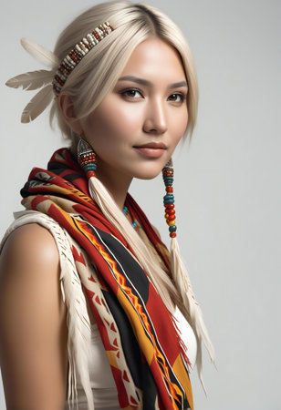 Portrait of a beautiful young woman with long blond hair wearing an indian headdressの素材