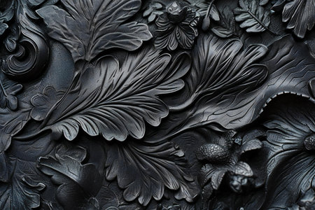 Black metal background with a pattern of leaves. Close-up.の素材