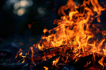 Flames of a campfire in the forest at night. Close-upの素材