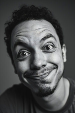 Black and white portrait of a young man with funny facial expression.の素材
