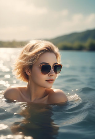 Portrait of a beautiful girl with blond hair and sunglasses in the waterの素材