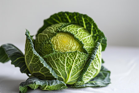 Fresh savoy cabbage on a white background. Vegetarian food.の素材