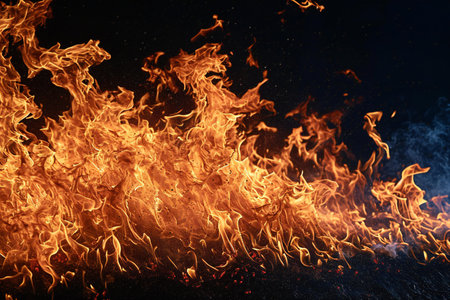 Fire flames on black background. Close-up of fire flames.の素材