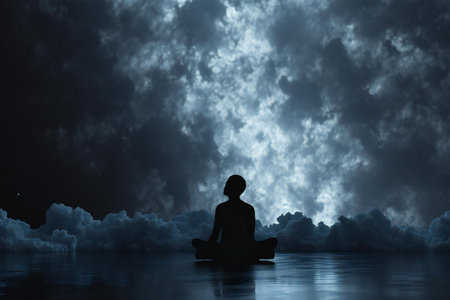 Silhouette of a man meditating in lotus position on the waterの素材