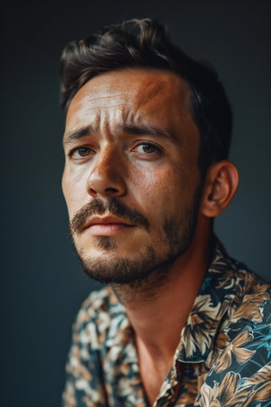 Portrait of a handsome young man in a shirt on a dark backgroundの素材