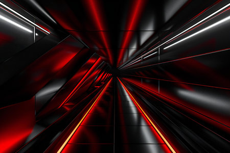 Futuristic black and red corridor with glowing lights.の素材