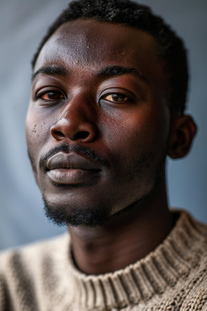 Portrait of a handsome young African man wearing a beige sweaterの素材