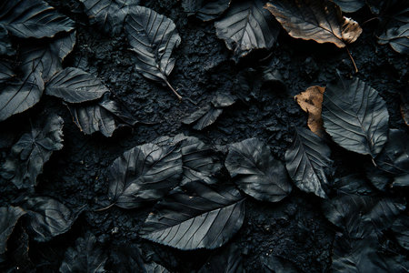 Dry leaves on the ground. Natural background. Dark tone.の素材