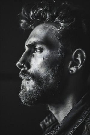 Portrait of a man with a beard and moustache on a black backgroundの素材