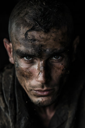 Close-up portrait of a man with dirty face and dirty handsの素材