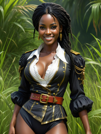 Beautiful african american woman in the jungle,の素材