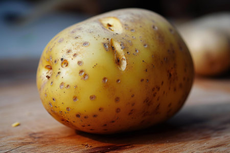 Potatoes on a wooden cutting board. Selective focus, shallow depth of field.の素材