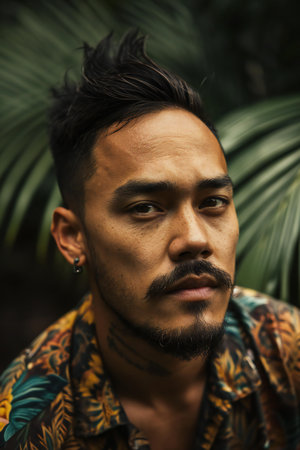 Portrait of a handsome Indian man with tattoos on his face.の素材