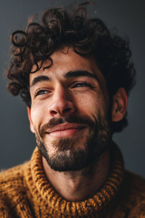 Portrait of a handsome man with curly hair in a yellow sweaterの素材
