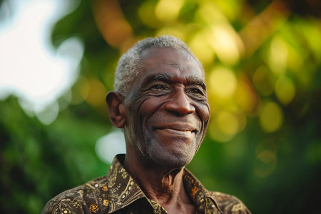 Portrait of an elderly African man smiling at the camera while standing outdoors.の素材