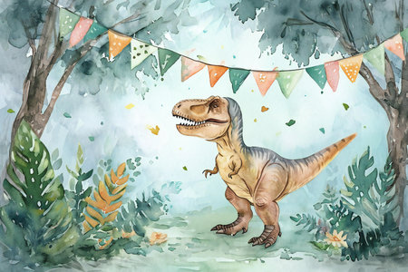 Watercolor illustration of a dinosaur in the forest. Cute dinosaurs.の素材