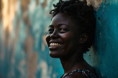 Portrait of a beautiful young african woman smiling against blue wallの素材