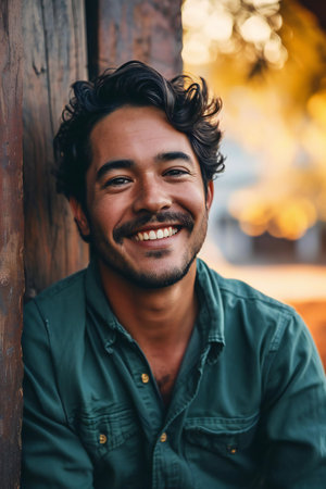 Portrait of a handsome young Indian man smiling and looking at camera.の素材