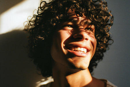 Close-up portrait of a smiling young man with curly hair.の素材