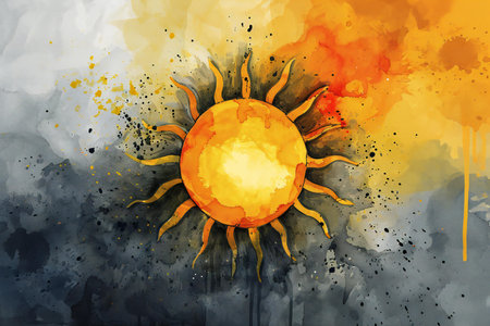 Sun on grunge watercolor background. Hand drawn illustration with sun.の素材