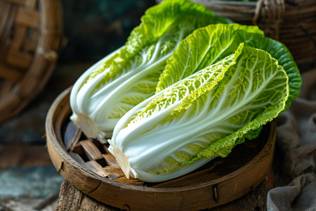 Fresh Chinese cabbage in a basket on a wooden background, selective focus.の素材