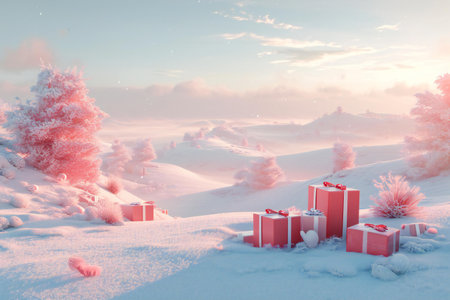 Winter landscape with gift boxes in the snow.の素材
