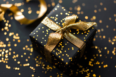 Black gift box with gold ribbon on black background with bokeh.の素材