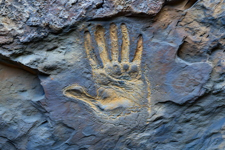 Handprint of a child on the stone, closeup of photoの素材