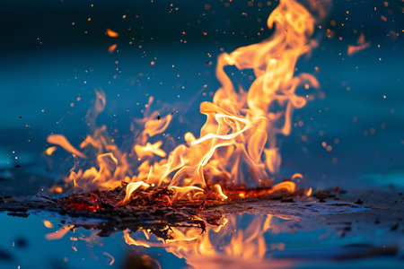 Fire flames with reflection on water surface, closeup of fire flamesの素材