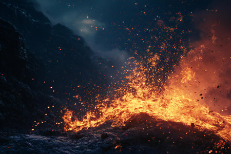 Burning lava in the crater of volcano. Close-up.の素材