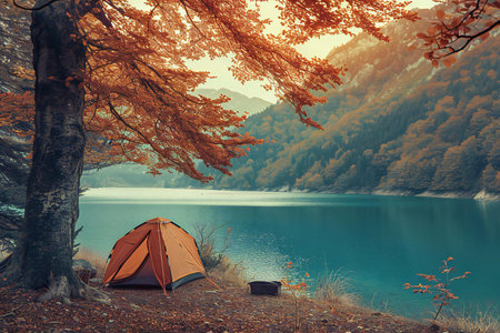 Tent on the shore of the lake. Camping in the autumn forest.の素材