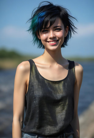 Beautiful young asian woman with blue hair, outdoor portrait.の素材