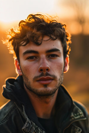 Portrait of a handsome young man in a leather jacket at sunsetの素材