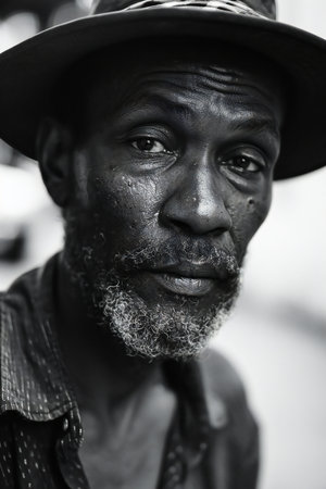Portrait of an African man in a cap. Black and white.の素材