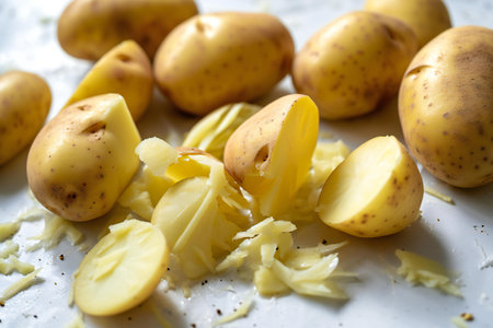 Raw potatoes with peel on white table, closeup. Organic foodの素材