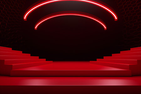 Abstract red podium illuminated with neon lights. Award ceremony concept. Stage backdropの素材