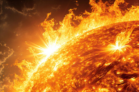 Fiery planet with sun on dark background.の素材