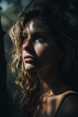Close up portrait of beautiful young woman with long wavy hair.の素材