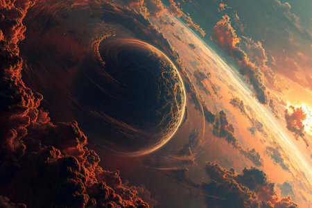 illustration of an alien planet in space with stars and planetsの素材