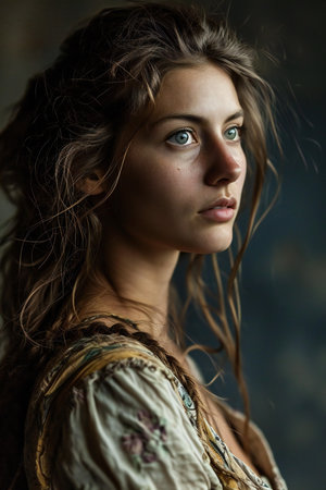 portrait of a beautiful young girl with long hair and blue eyesの素材