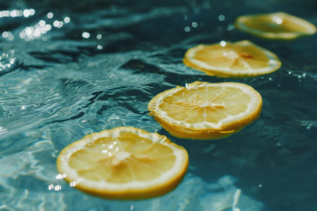 Lemon slices floating on water surface with ripples and bokehの素材