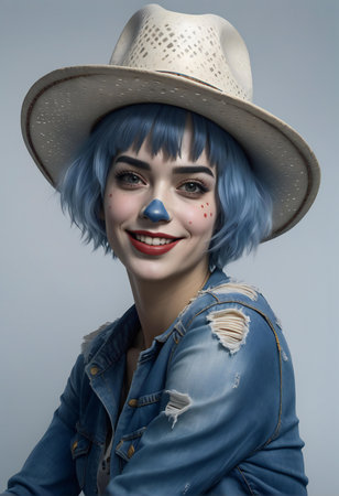 Portrait of a beautiful girl with blue hair and a white hatの素材