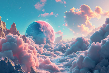 Fantasy landscape with planet and clouds.の素材