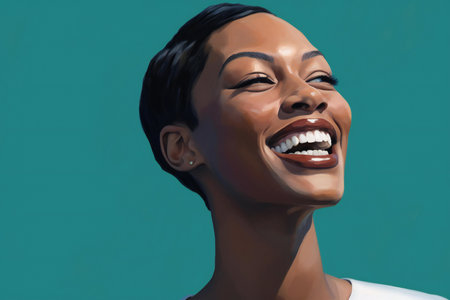 Portrait of a smiling african american woman on blue backgroundの素材