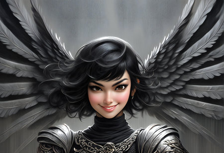 illustration of a beautiful woman with black hair and angel wingsの素材
