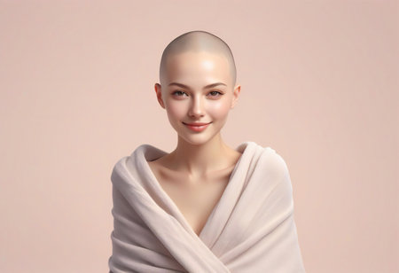 Portrait of a beautiful young woman in a white towel on a pink backgroundの素材