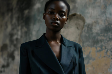 Portrait of a beautiful african american woman in a black suitの素材
